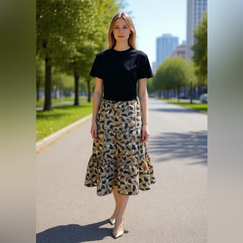 Vintage Blue and Orange Ruffled Circle Midi Skirt